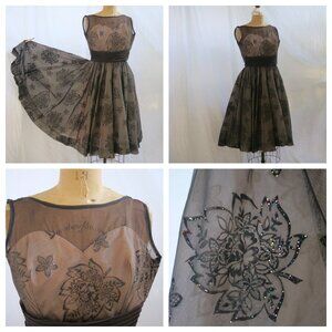 vtg 50s Black Illusion Flocked Glitter Fit Flare Party Cocktail Dress 26" Waist